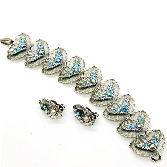 Vintage Deco blue AB rhinestone bracelet Demi set - Picture 7 of 11